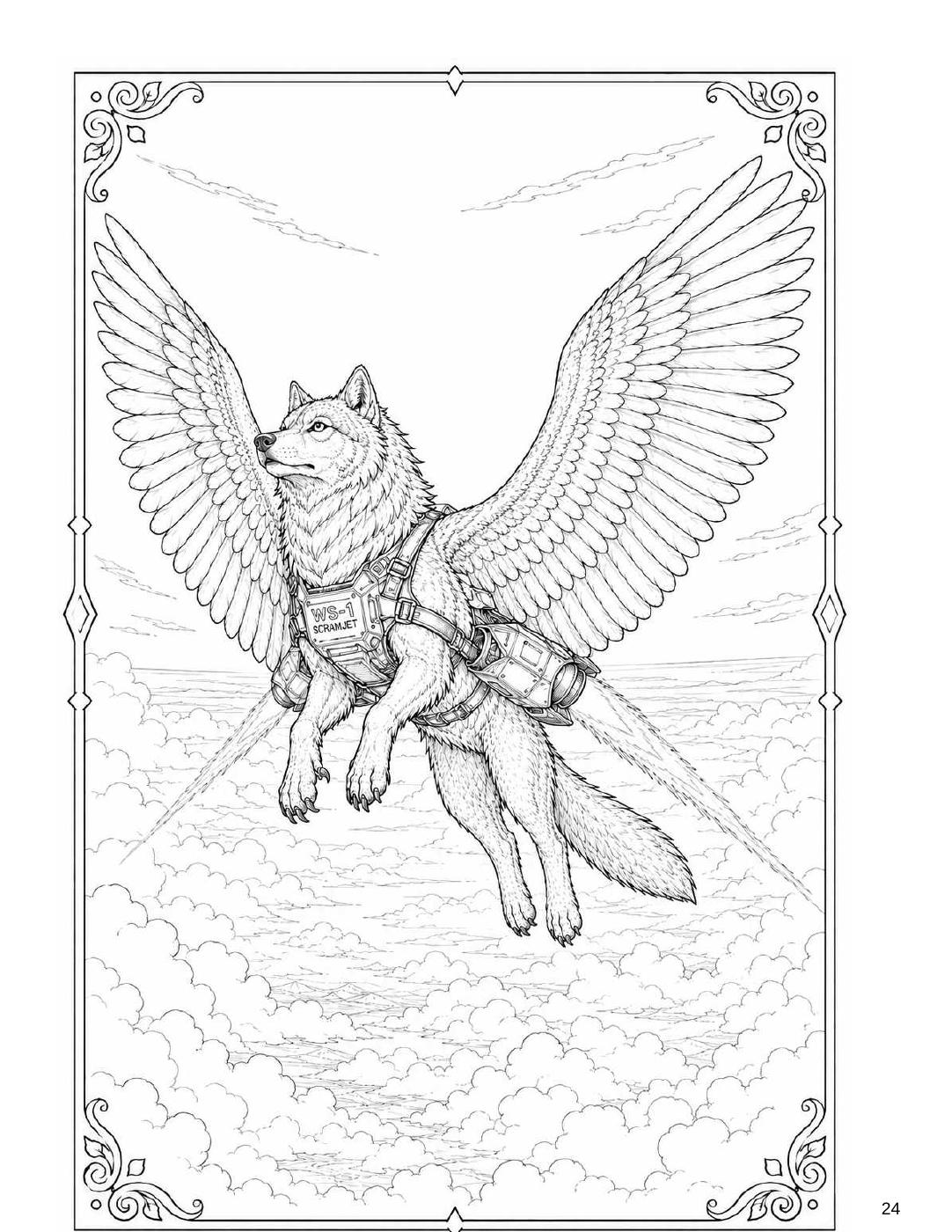 A winged WOWL wearing the fictional WS-1 scramjet pack, coloring-book page 24