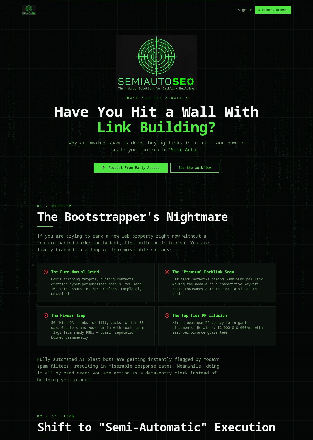 SemiAutoSEO homepage showing the backlink outreach workflow