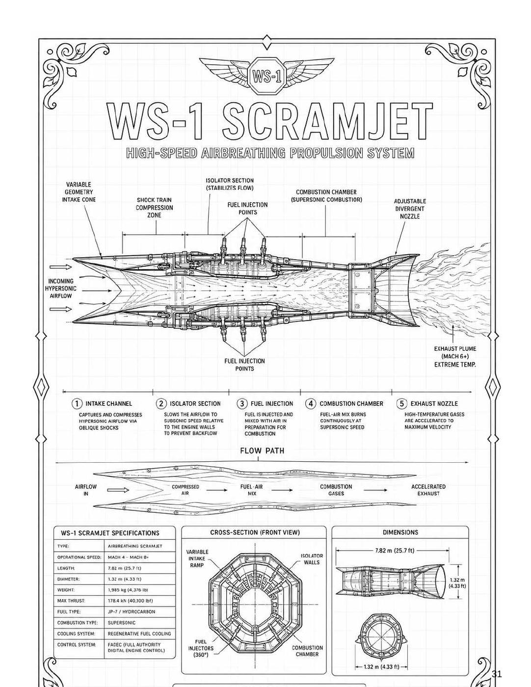 Fictional WS-1 scramjet cutaway and flow-path illustration, coloring-book page 31