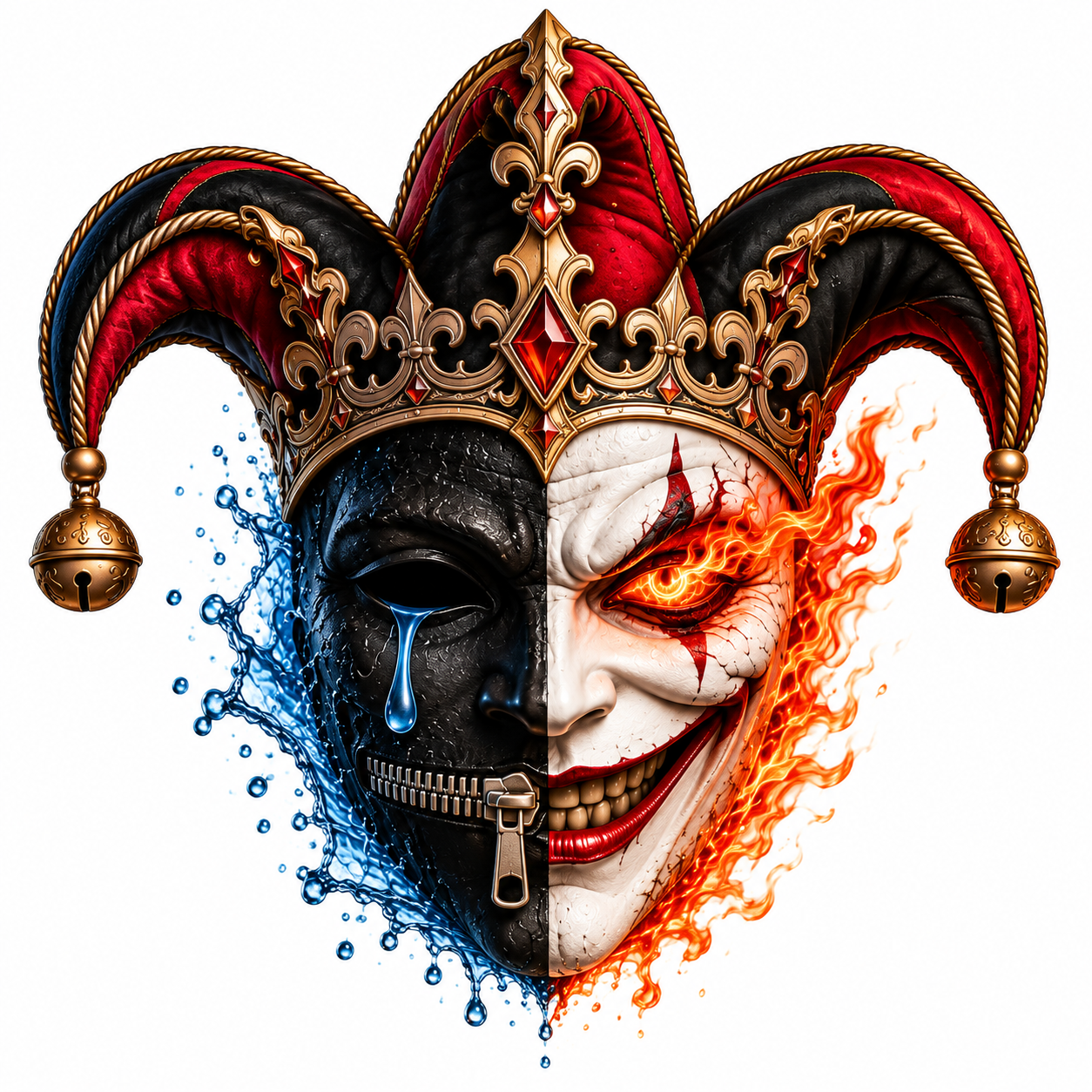 Fiery dual-sided jester mask concept for an Armenian music website