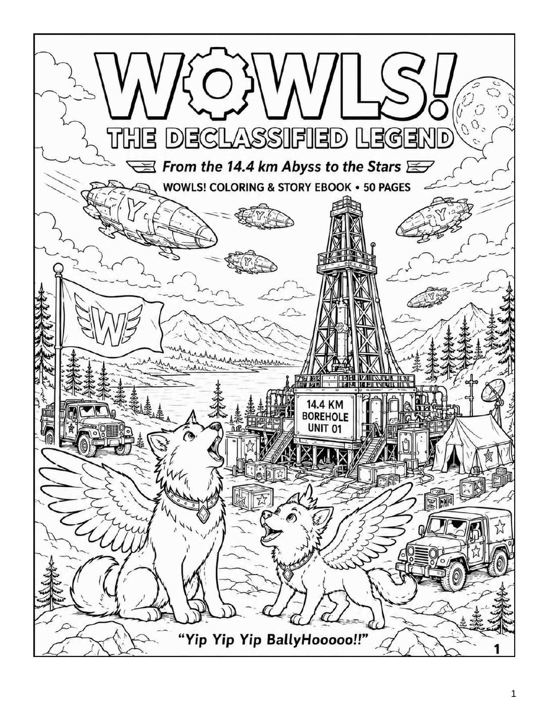 WOWLS! The Declassified Legend coloring and story eBook cover with winged wolves and imaginary spacecraft