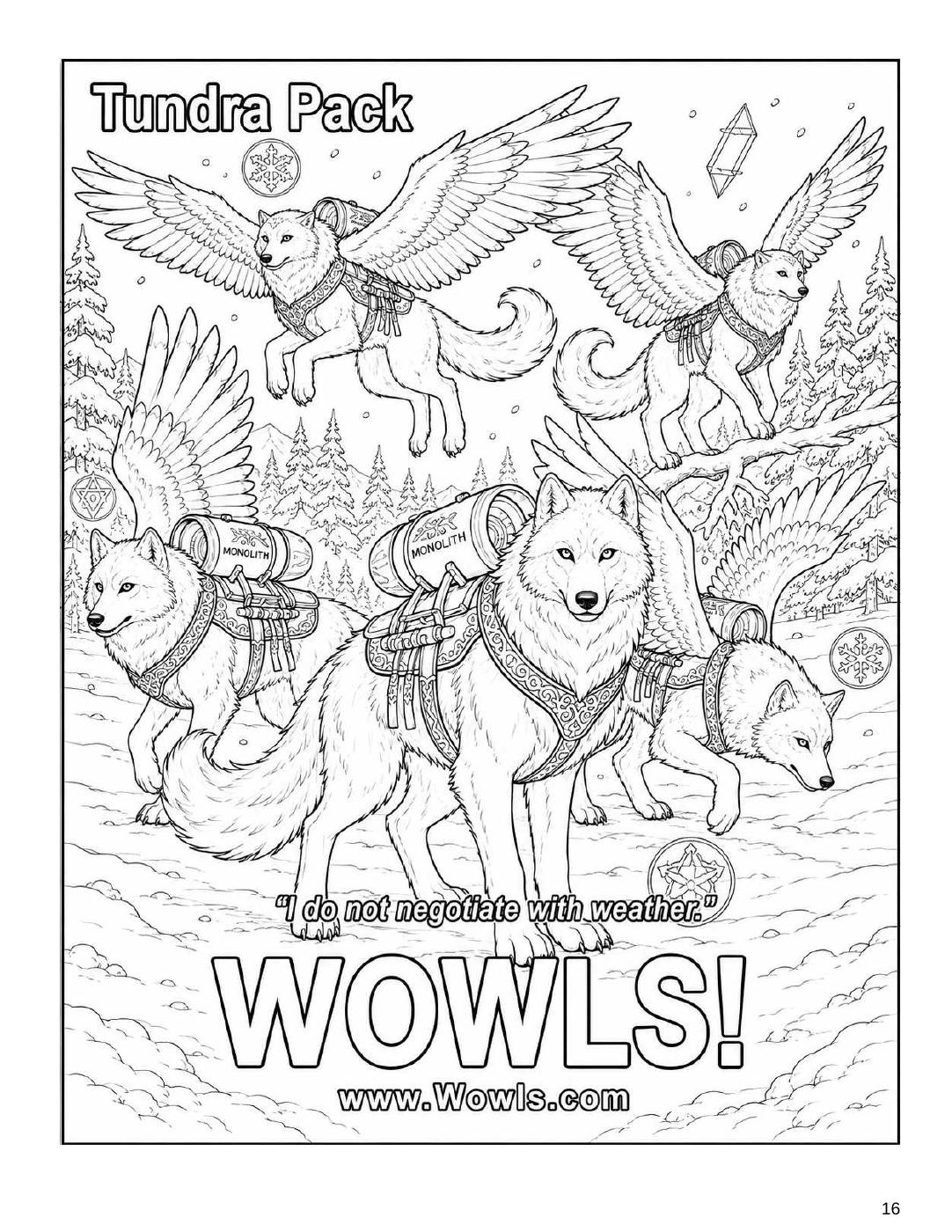 WOWLS winged wolves with jet packs in a snowy forest, coloring-book page 16