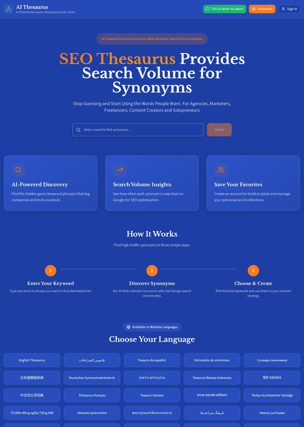AI Thesaurus search results page displaying related words and search data